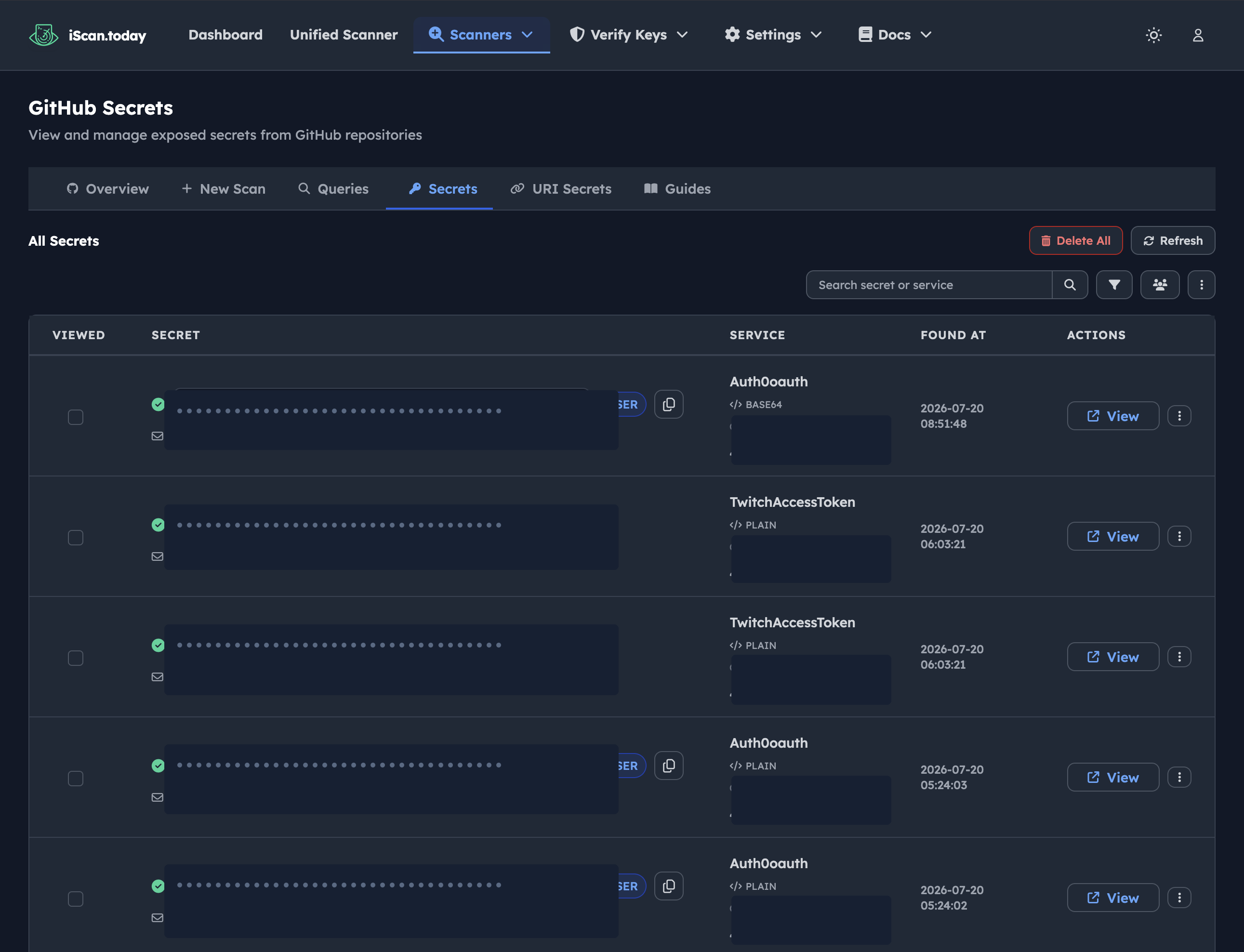 Found secrets list with verified badges; secret values masked