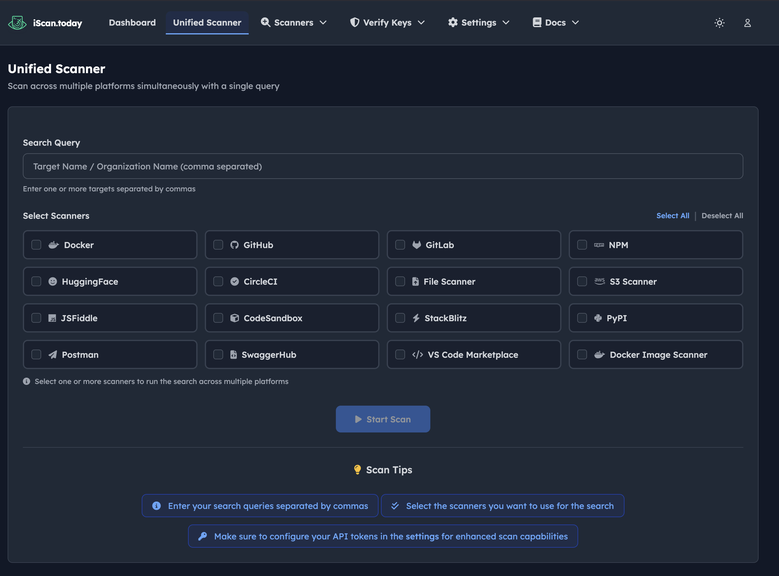 Unified scanner selecting multiple platforms for a single query